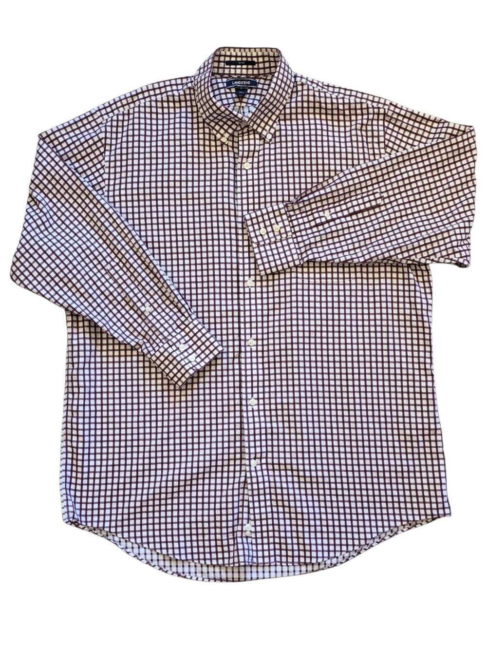 Lands' End XL 17 - 33 Brown White Checked Business Button Down Dress Shirt